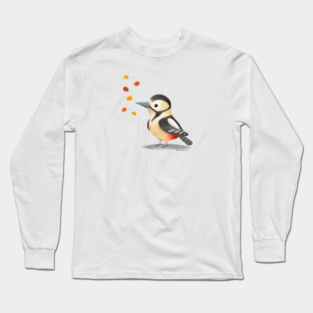 Great Spotted Woodpecker with fall leaves Long Sleeve T-Shirt by julianamotzko